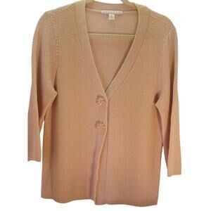 Belford Cardigan Women's XL Tan Cotton Sweater V-Neck Knit Beaded Buttons Classy